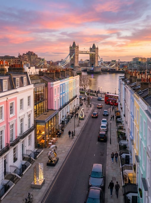 Wide shot of a Notting Hill street with colorful houses and modern cafés in London at sunset