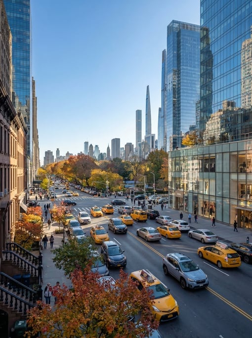 Wide-angle photograph of a busy Midtown avenue with yellow cabs and modern rideshare vehicles in New