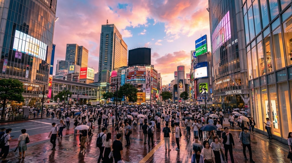 Cinematic wide shot of the Shibuya crossing packed with pedestrians under LED screens in Tokyo at su