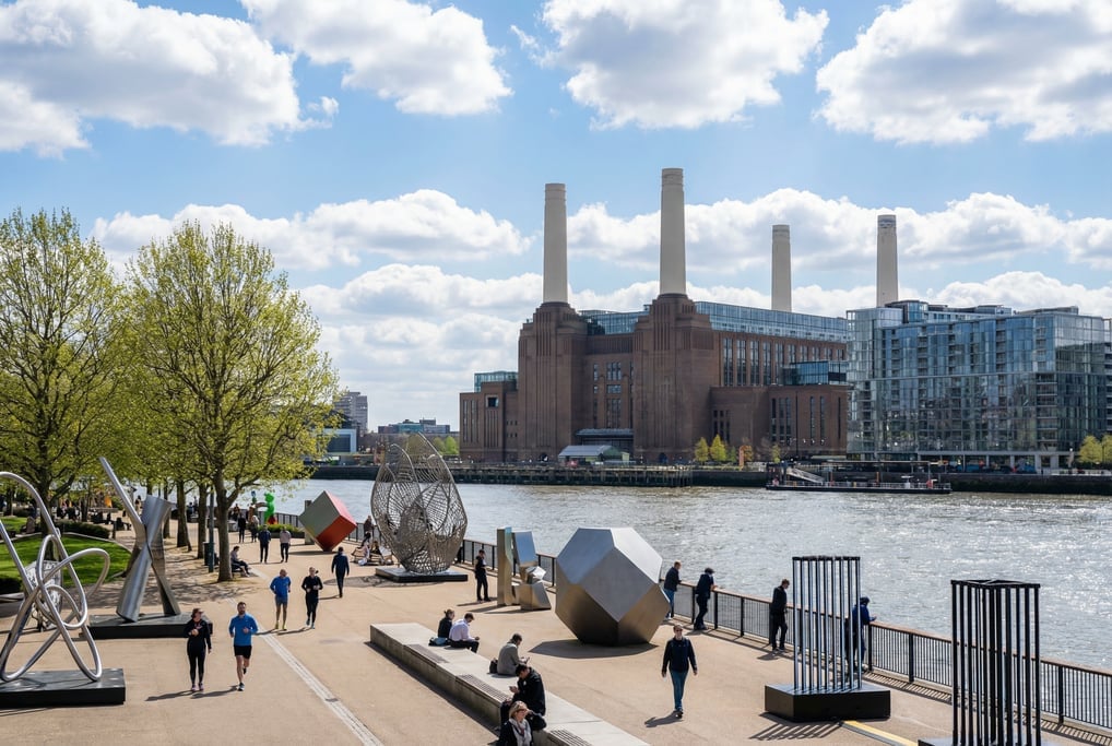 Panoramic view across the South Bank promenade along the Thames in London on a clear spring day