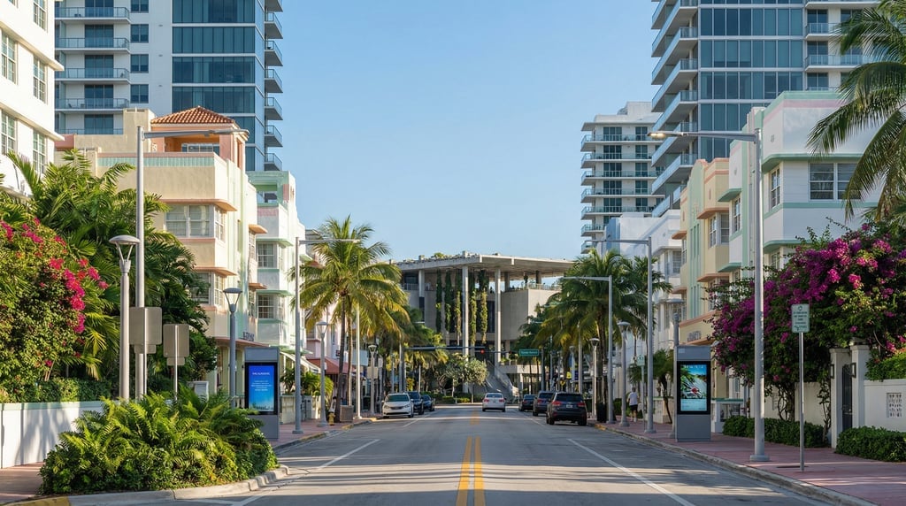 Looking straight down the length of Collins Avenue with a mix of Deco and modern architecture in Mia