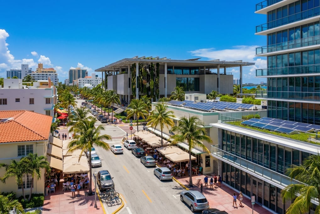 Street-level photograph looking down Ocean Drive with palm trees and outdoor dining in Miami on a vi