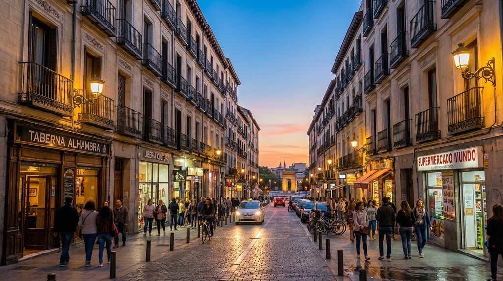 Wide shot of a Lavapiés neighborhood street with multicultural shops in Madrid during the magic hour
