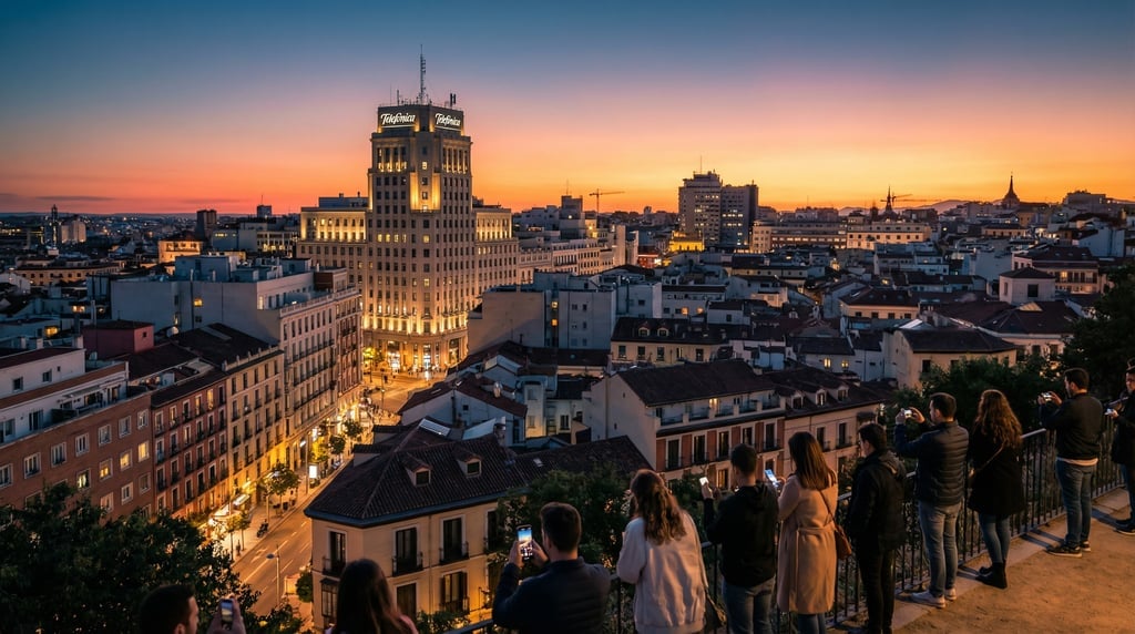 Elevated view from a hillside overlooking Madrid during the magic hour just after sunset