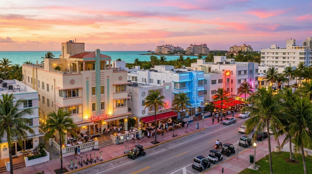 Panoramic view across Ocean Drive with palm trees and outdoor dining in Miami at sunset