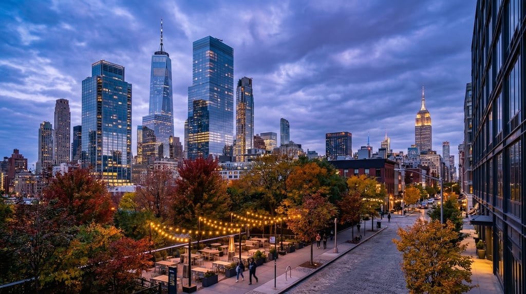 Elevated view from a hillside overlooking New York City at blue hour dusk