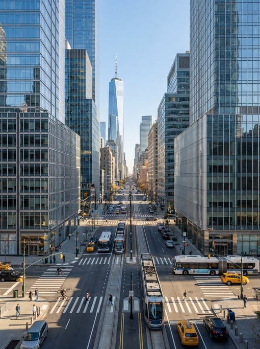 Looking straight down the length of a busy intersection in New York City on a bright clear morning