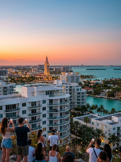 Elevated view from a hillside overlooking Miami during the magic hour just after sunset
