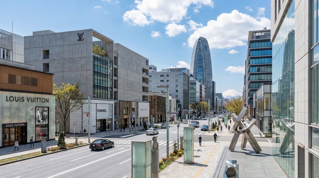 Wide-angle photograph of a Ginza boulevard with luxury flagship stores in Tokyo on a clear spring da