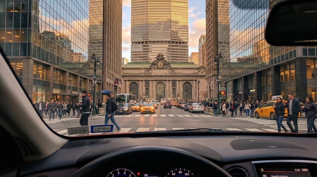 First-person perspective driving through a busy intersection in New York City at golden hour