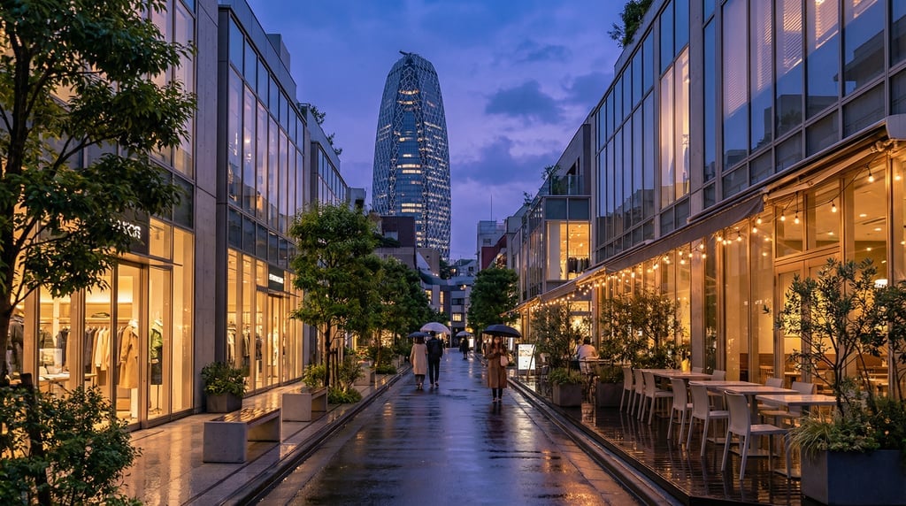 Looking straight down the length of a quiet Daikanyama side street with contemporary boutiques in To