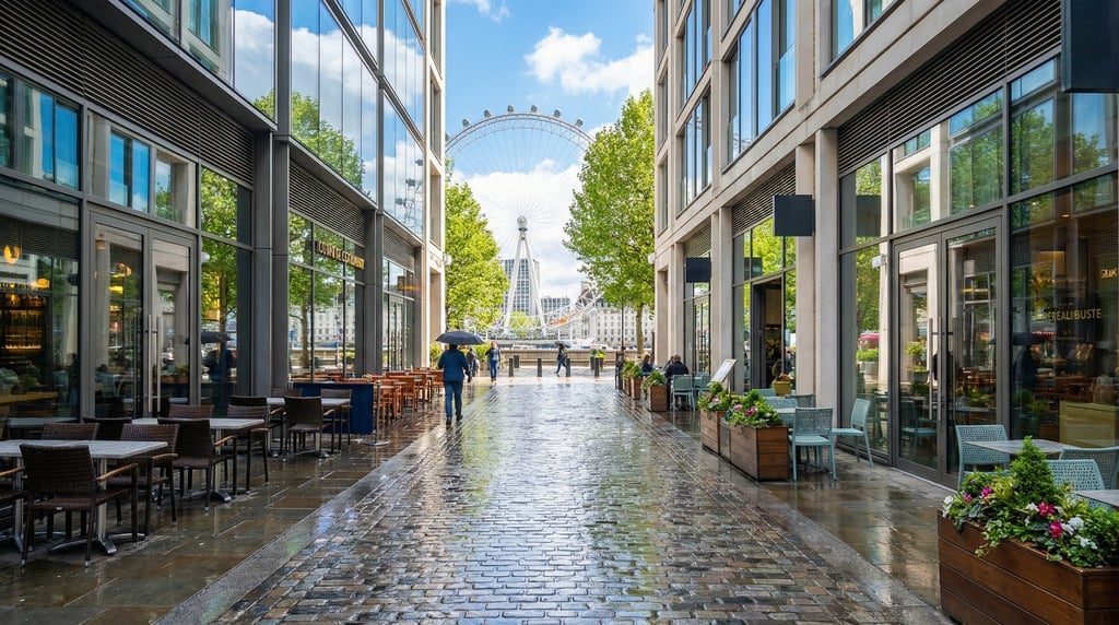 Looking straight down the length of a narrow Covent Garden alley with contemporary restaurants in Lo