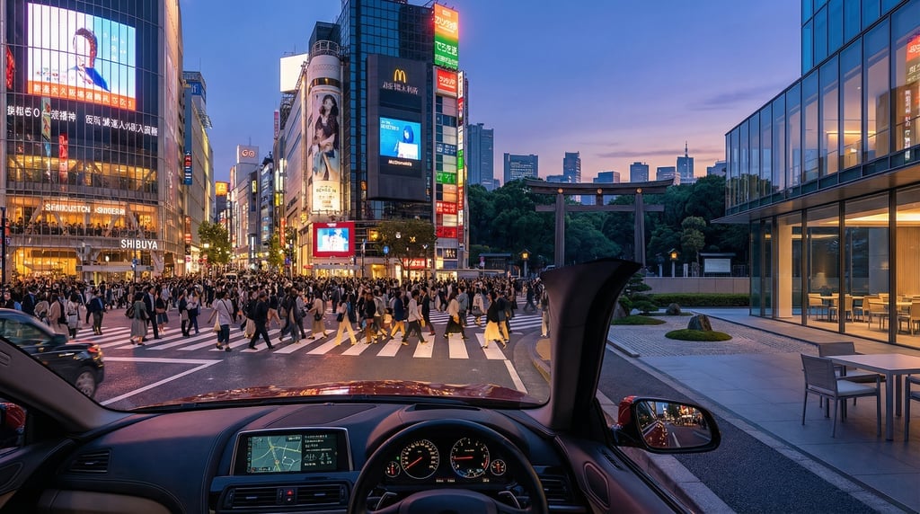 First-person perspective driving through the Shibuya crossing packed with pedestrians under LED scre