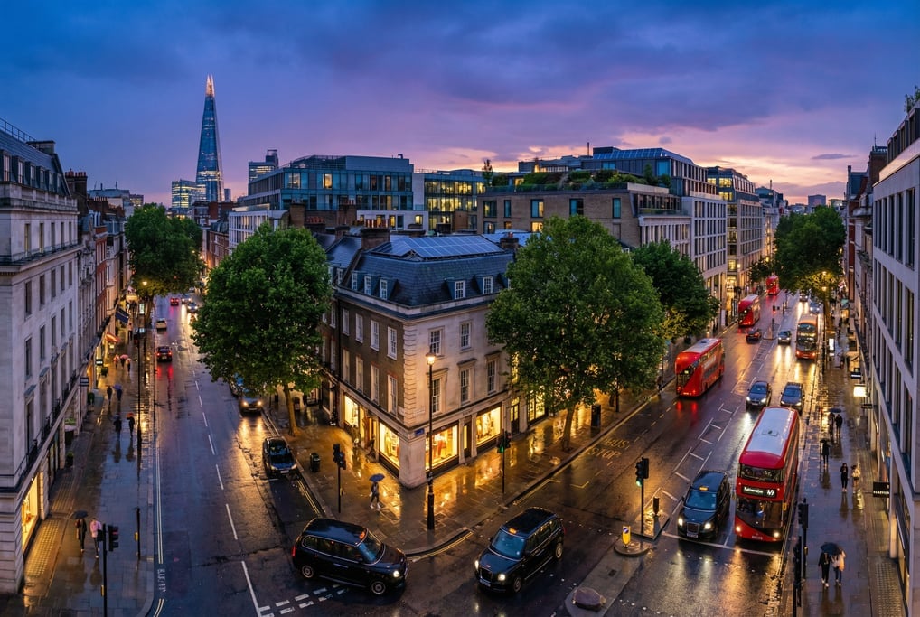 Panoramic view across a rainy Mayfair street with modern black cabs and red buses in London at blue