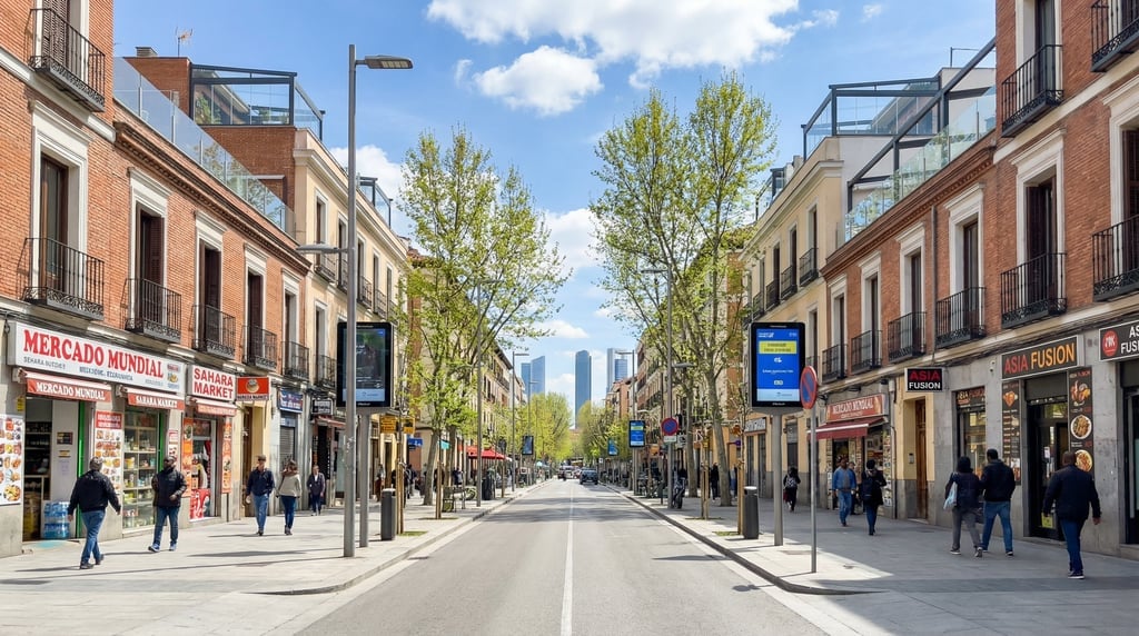 Point-of-view shot walking through a Lavapiés neighborhood street with multicultural shops in Madrid