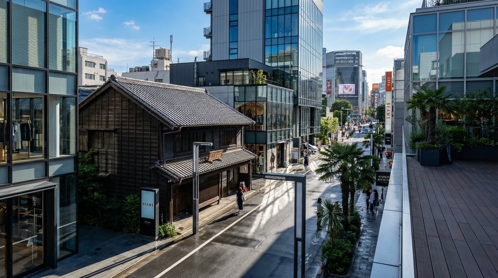 Elevated view from a rooftop terrace overlooking a quiet Daikanyama side street with contemporary bo