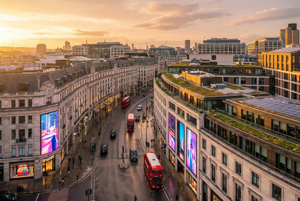 Wide shot of Regent Street curving with flagship stores and LED displays in London at golden hour