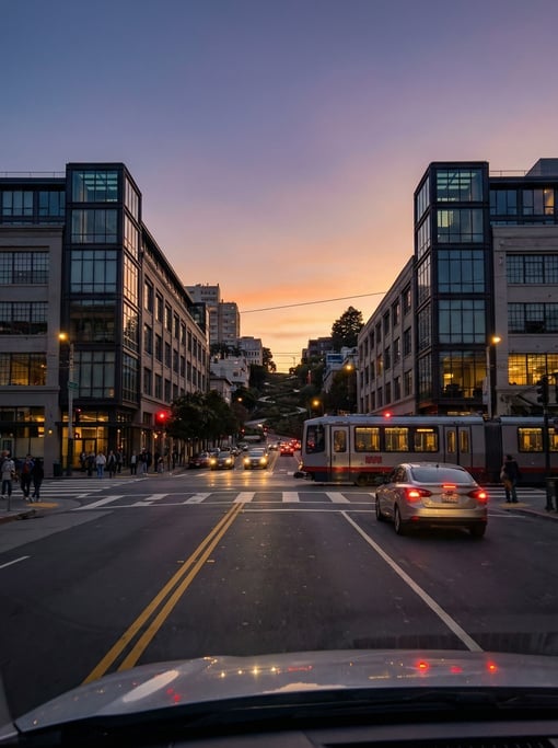 First-person perspective driving through a busy intersection in San Francisco during the magic hour