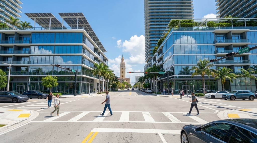 Point-of-view shot walking through a busy intersection in Miami on a clear spring day