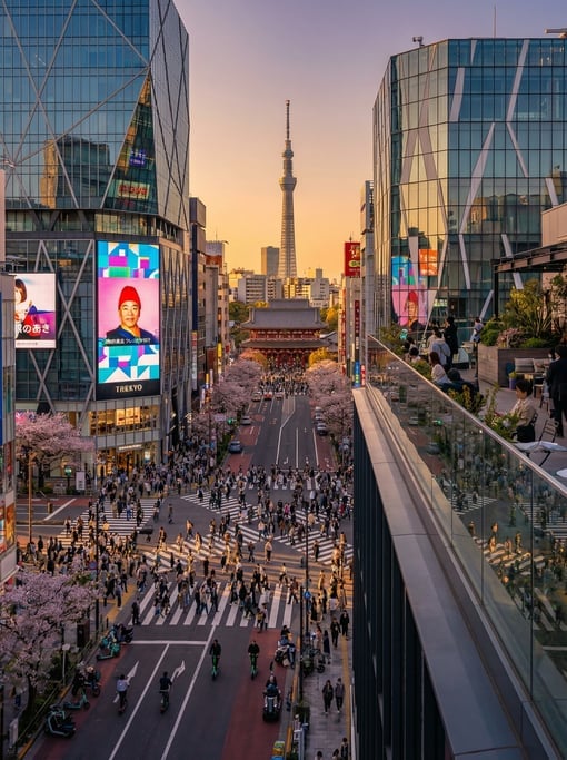 Elevated view from a rooftop terrace overlooking the Shibuya crossing packed with pedestrians under