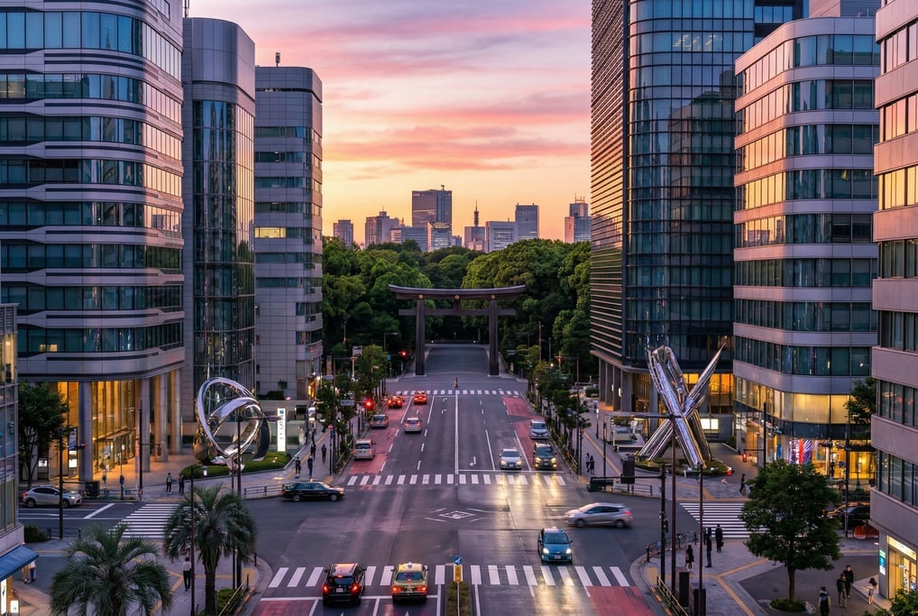 Cinematic wide shot of a busy intersection in Tokyo at sunset