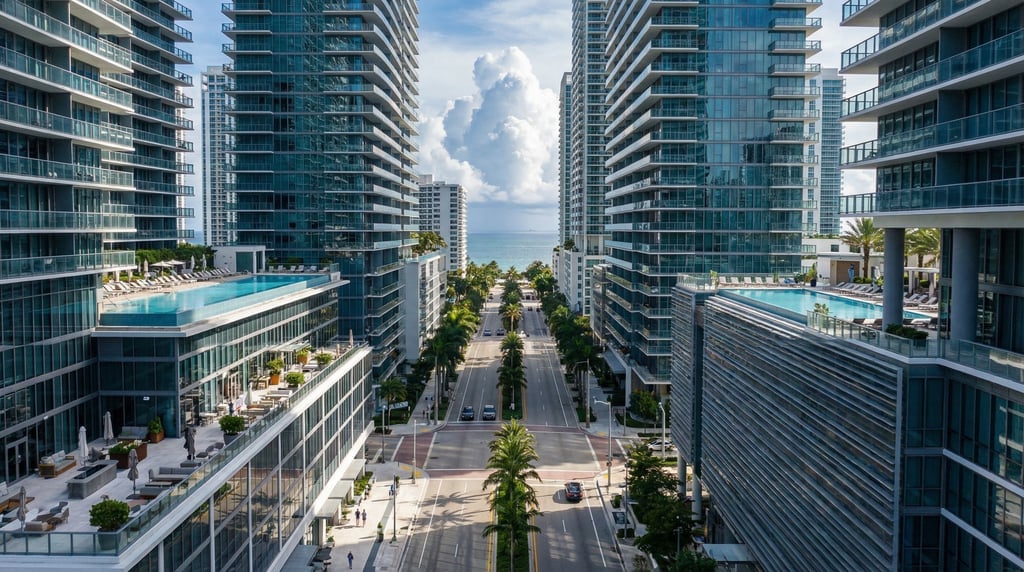 Wide shot of a Brickell Avenue canyon of glass towers in Miami on a bright clear morning