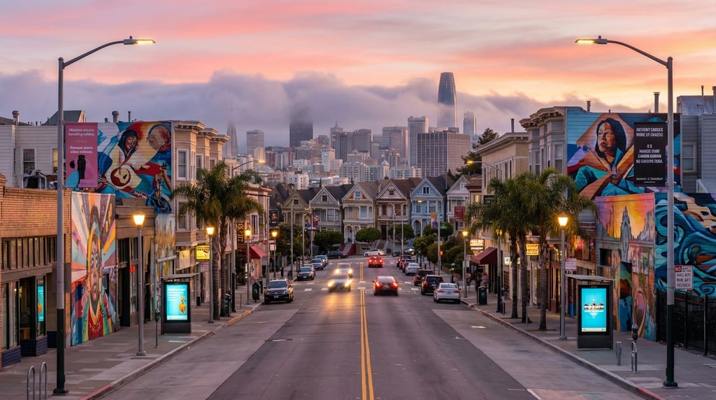 Street-level photograph looking down a wide boulevard through the Mission District with modern mural