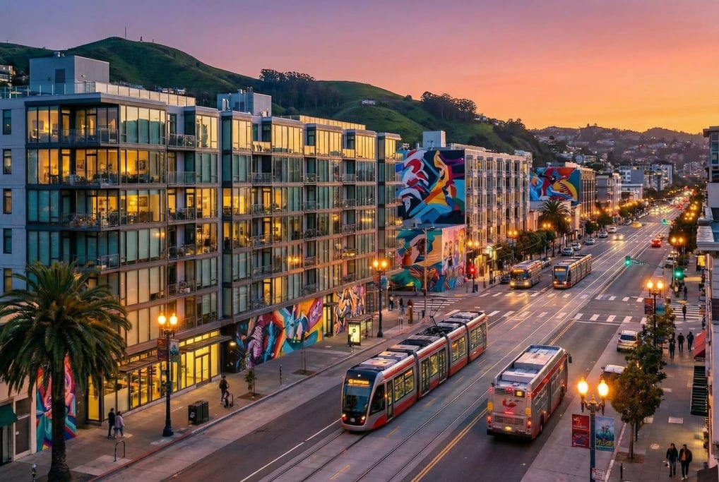 Wide shot of a wide boulevard through the Mission District with modern murals in San Francisco durin