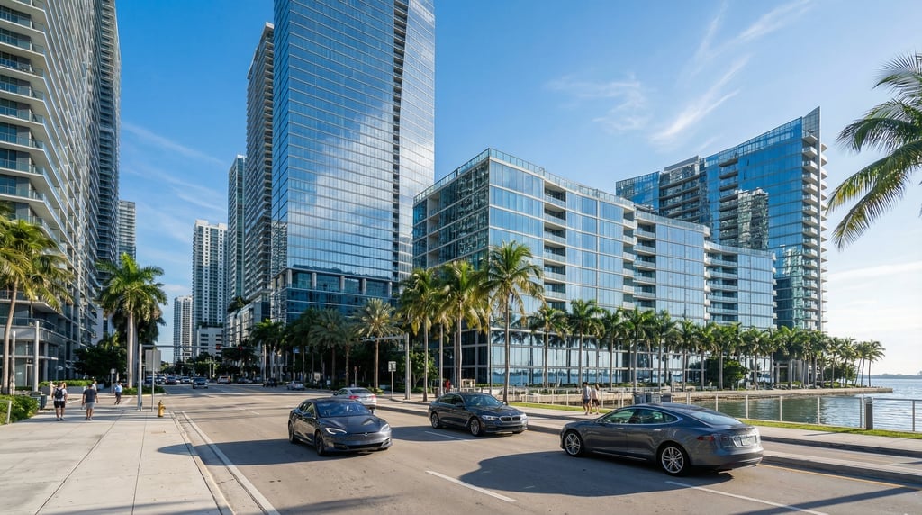 Wide shot of a Brickell Avenue canyon of glass towers in Miami on a bright clear morning