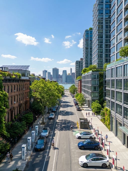 Wide shot of a tree-lined Brooklyn brownstone street with modern EV chargers in New York City on a v