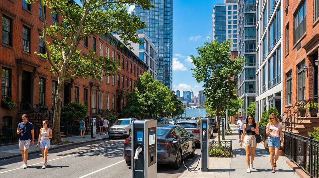 Wide shot of a tree-lined Brooklyn brownstone street with modern EV chargers in New York City on a v