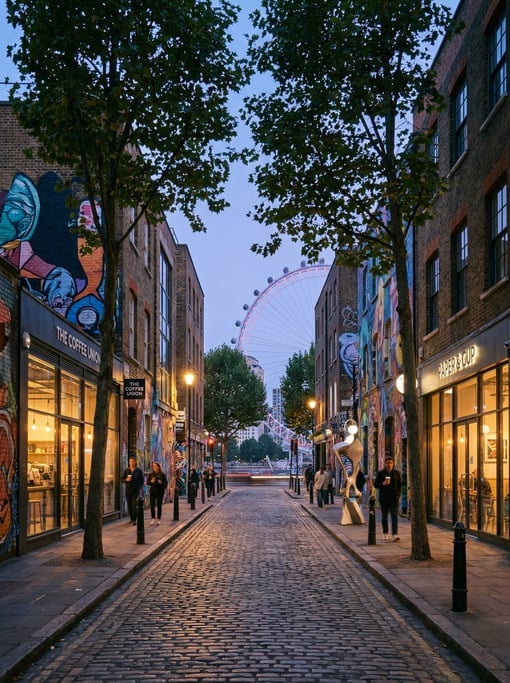 Looking straight down the length of a Shoreditch side street with street art and modern coffee shops