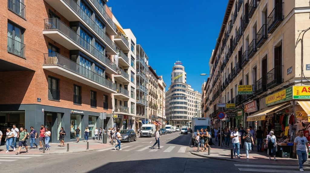 Wide shot of a Lavapiés neighborhood street with multicultural shops in Madrid on a vivid sunny afte
