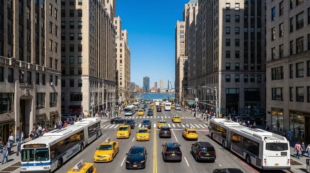 Wide shot of a busy Midtown avenue with yellow cabs and modern rideshare vehicles in New York City o