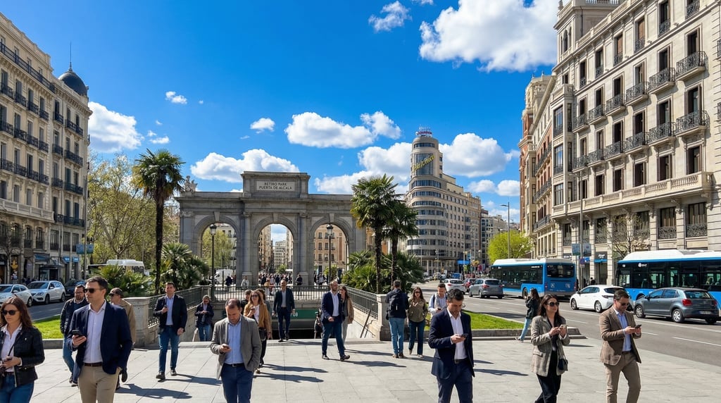 Three-quarter angle view of the Retiro Park entrance with the city visible beyond in Madrid on a cle