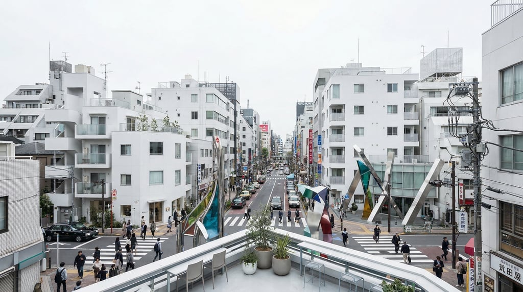 Elevated view from a rooftop terrace overlooking a busy intersection in Tokyo on a bright overcast d