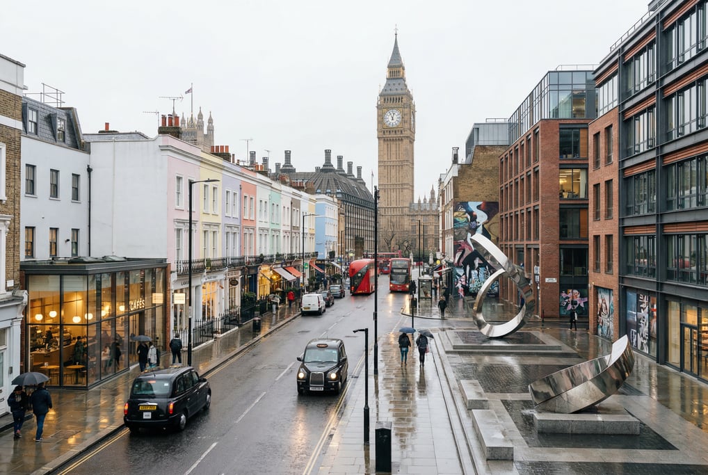 Cinematic wide shot of a Notting Hill street with colorful houses and modern cafés in London on a br