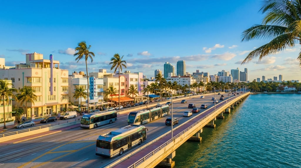 Wide shot of the MacArthur Causeway connecting Miami to South Beach in Miami at golden hour