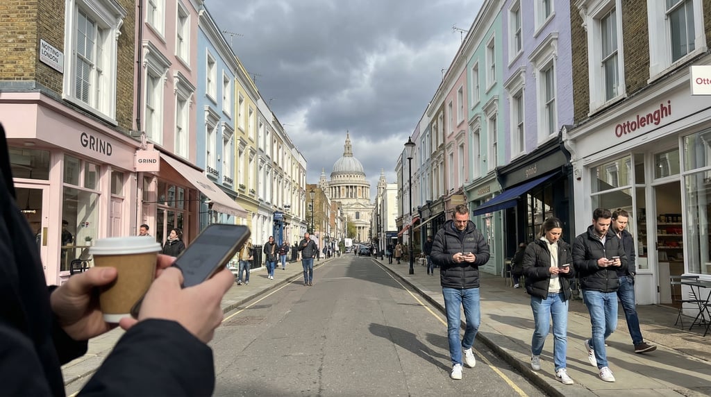 Point-of-view shot walking through a Notting Hill street with colorful houses and modern cafés in Lo