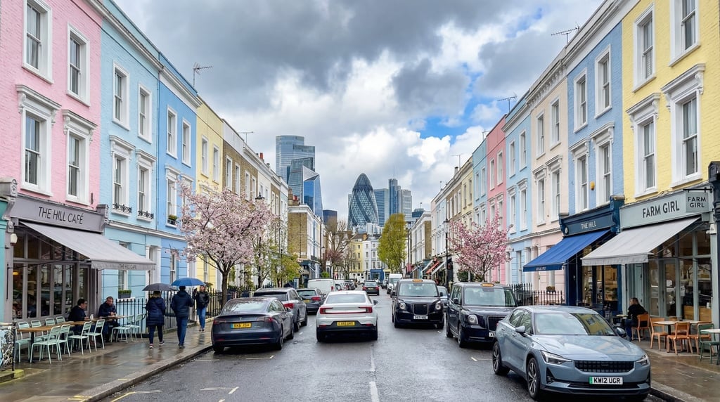 Point-of-view shot walking through a Notting Hill street with colorful houses and modern cafés in Lo
