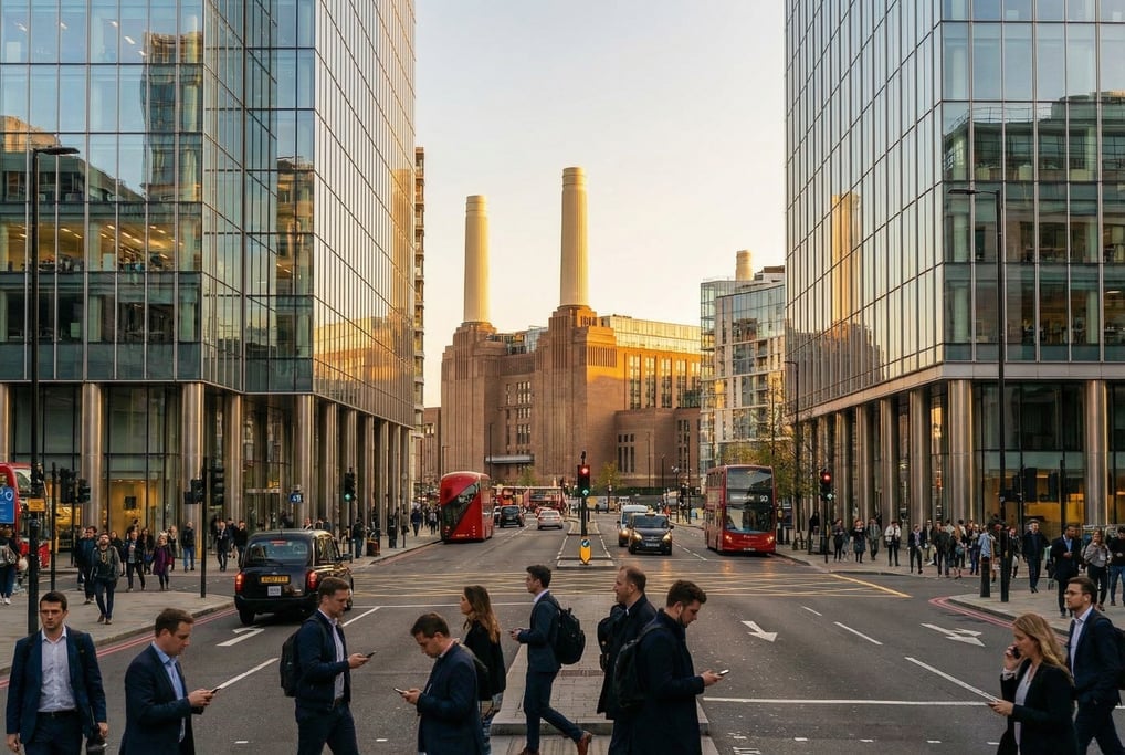 Panoramic view across a busy intersection in London at golden hour