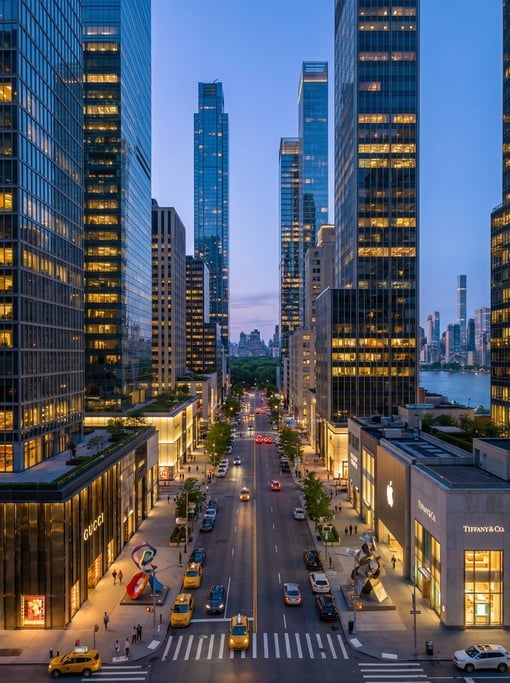 Three-quarter angle view of Fifth Avenue with luxury flagship stores in New York City at blue hour d