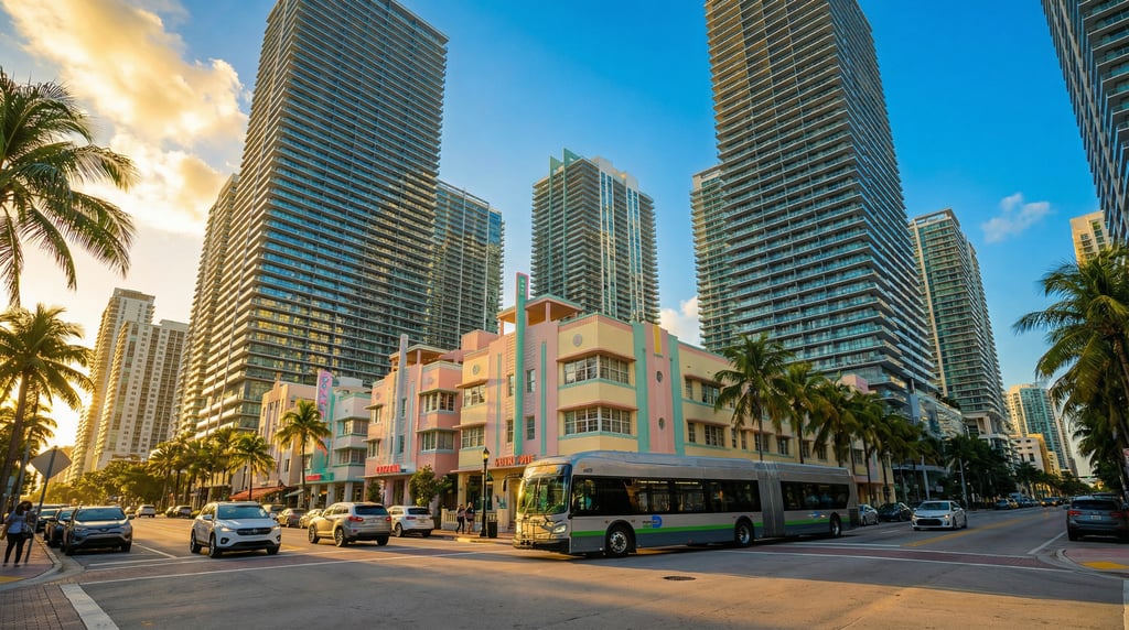 Wide shot of a Brickell Avenue canyon of glass towers in Miami at golden hour