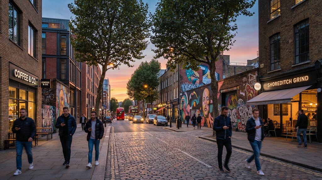 Wide shot of a Shoreditch side street with street art and modern coffee shops in London during the m