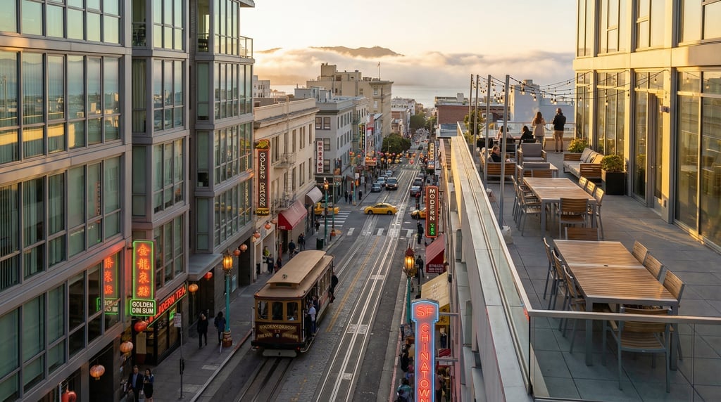 Elevated view from a rooftop terrace overlooking a narrow Chinatown alley with contemporary signage