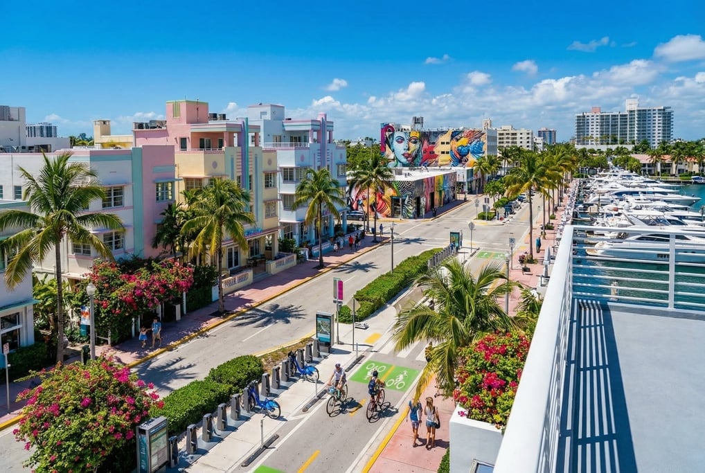 Elevated view from a rooftop terrace overlooking a waterfront boulevard with modern yachts docked al