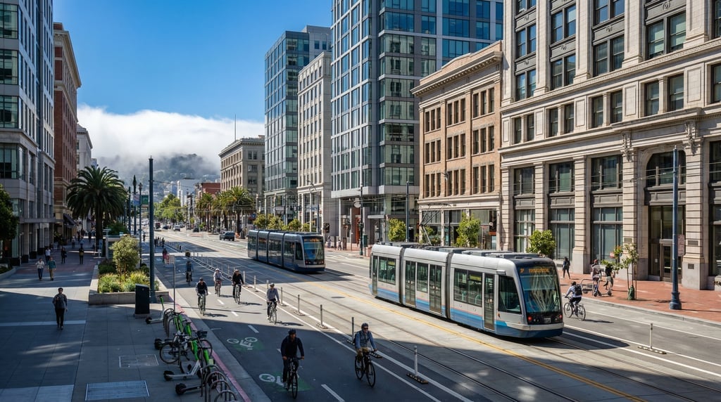Wide shot of Market Street with modern streetcars and bike lanes in San Francisco on a vivid sunny a