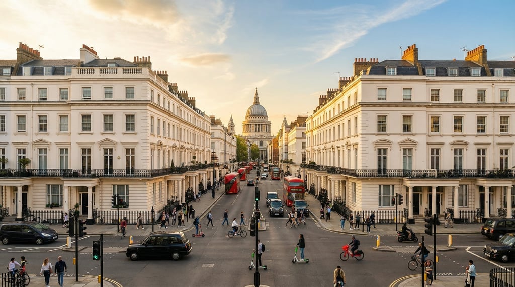 Wide-angle photograph of a busy intersection in London at golden hour