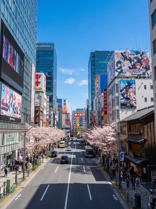 Wide shot of an Akihabara street with massive LED displays and anime billboards in Tokyo on a vivid