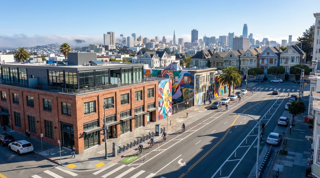 Cinematic wide shot of a wide boulevard through the Mission District with modern murals in San Franc